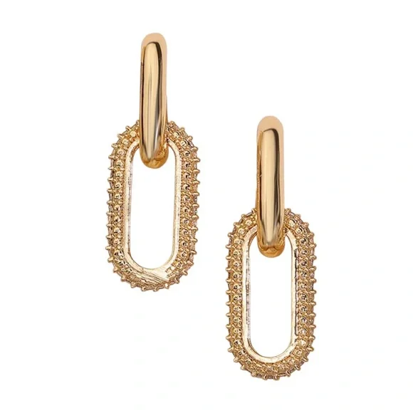 14K GP Thick Gold Paperclip Huggies Crystal Pave 2pc Link Drop Charm Earrings - Picture 3 of 3